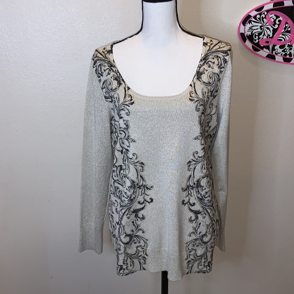 Boston Proper Cream Metallic Scoop Neck Sweater with Black Scroll Detail